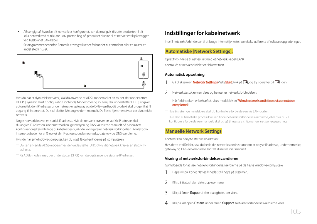 Samsung LH55UDDPLBB/EN manual 105, Indstillinger for kabelnetværk, Automatiske Network Settings, Manuelle Network Settings 