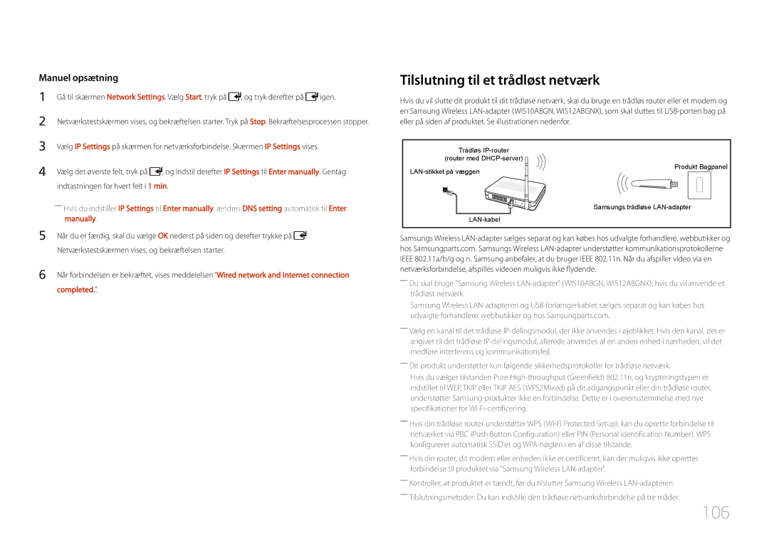 Samsung LH55UDDPLBB/EN manual 106, Tilslutning til et trådløst netværk, Completed 