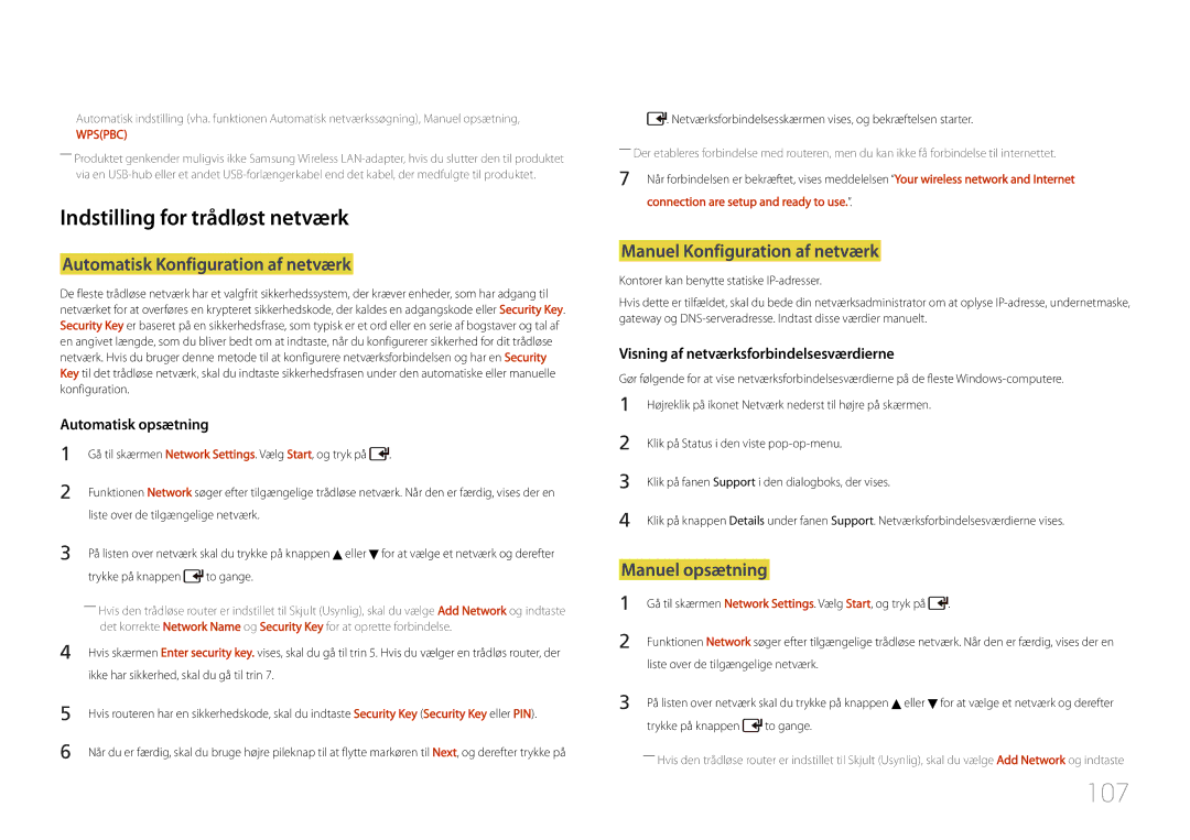 Samsung LH55UDDPLBB/EN manual 107, Indstilling for trådløst netværk, Automatisk Konfiguration af netværk, Manuel opsætning 