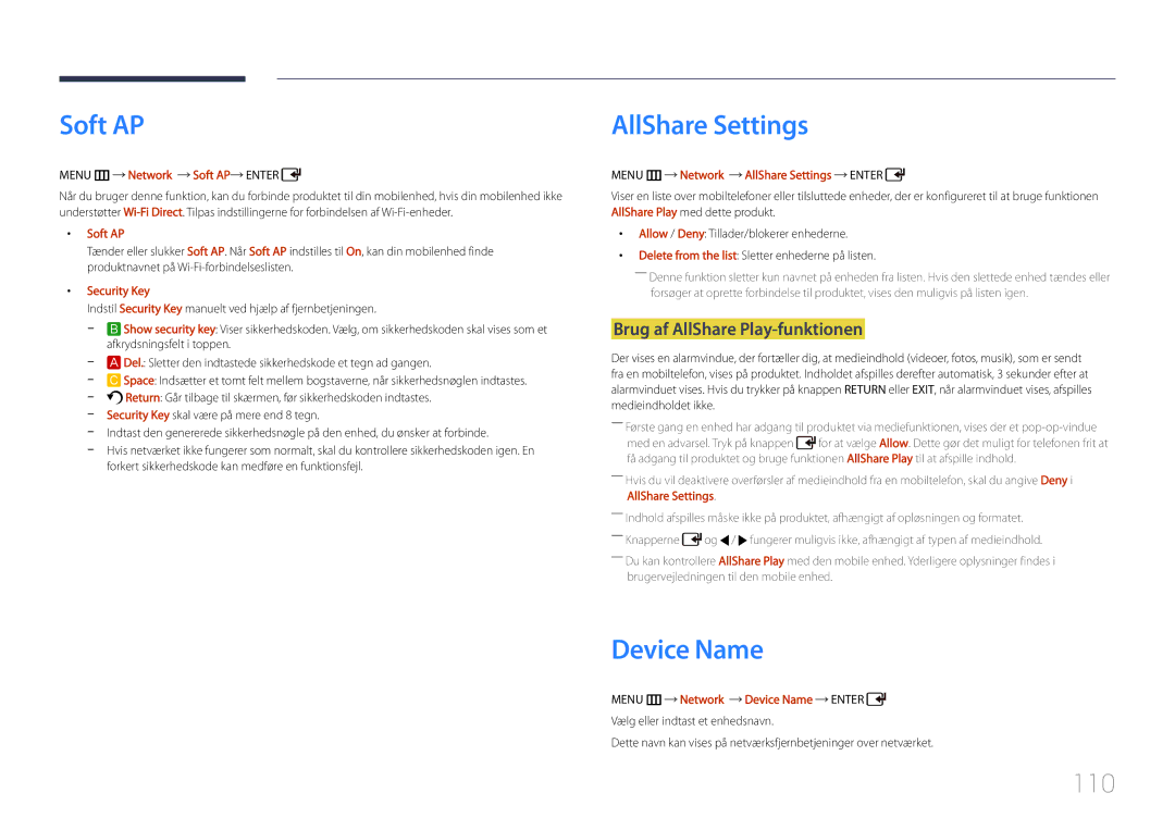 Samsung LH55UDDPLBB/EN manual Soft AP, AllShare Settings, Device Name, 110, Brug af AllShare Play-funktionen 