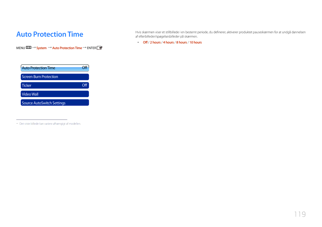 Samsung LH55UDDPLBB/EN 119, Menu m System Auto Protection Time Enter, Off / 2 hours / 4 hours / 8 hours / 10 hours 