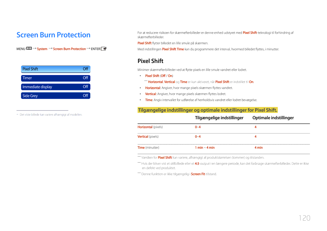 Samsung LH55UDDPLBB/EN manual Screen Burn Protection, 120, Pixel Shift 