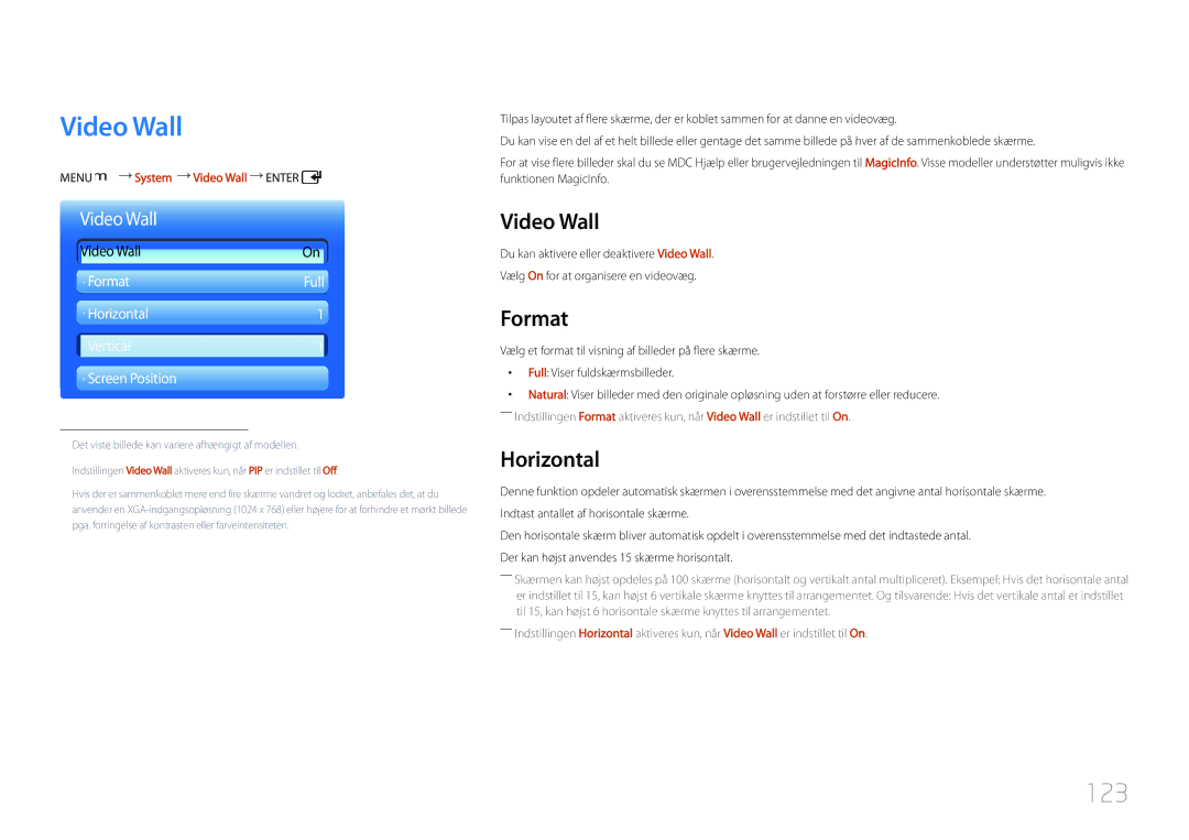 Samsung LH55UDDPLBB/EN manual Video Wall, 123, Format, Horizontal 
