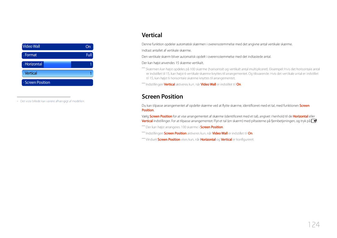 Samsung LH55UDDPLBB/EN manual 124, Vertical, Screen Position 