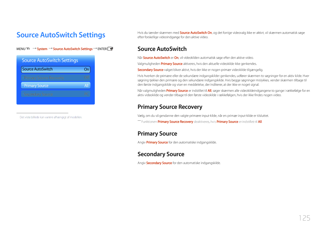 Samsung LH55UDDPLBB/EN manual Source AutoSwitch Settings, 125 