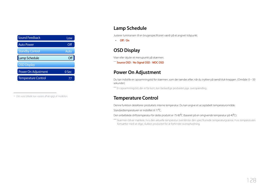 Samsung LH55UDDPLBB/EN manual 128, Lamp Schedule, OSD Display, Power On Adjustment, Temperature Control 