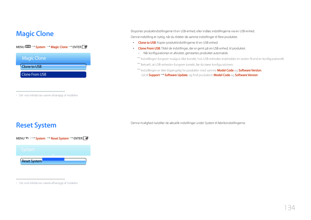 Samsung LH55UDDPLBB/EN manual 134, Menu m System Magic Clone Enter, Menu m System Reset System Enter 