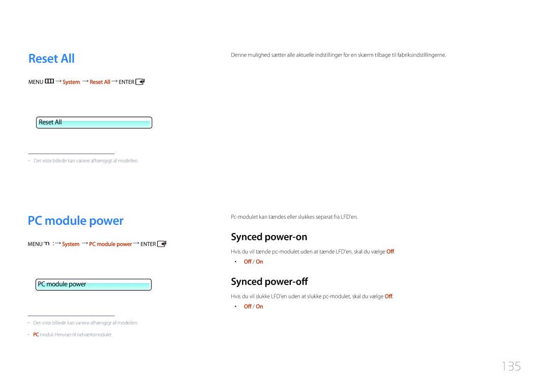 Samsung LH55UDDPLBB/EN manual Reset All, PC module power, 135, Synced power-on, Synced power-off 
