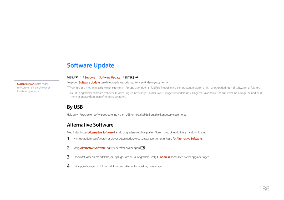 Samsung LH55UDDPLBB/EN manual Support, Software Update, 136, By USB, Alternative Software 