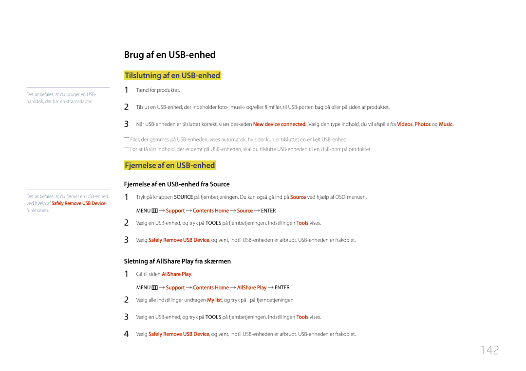 Samsung LH55UDDPLBB/EN manual 142, Brug af en USB-enhed, Tilslutning af en USB-enhed, Fjernelse af en USB-enhed 