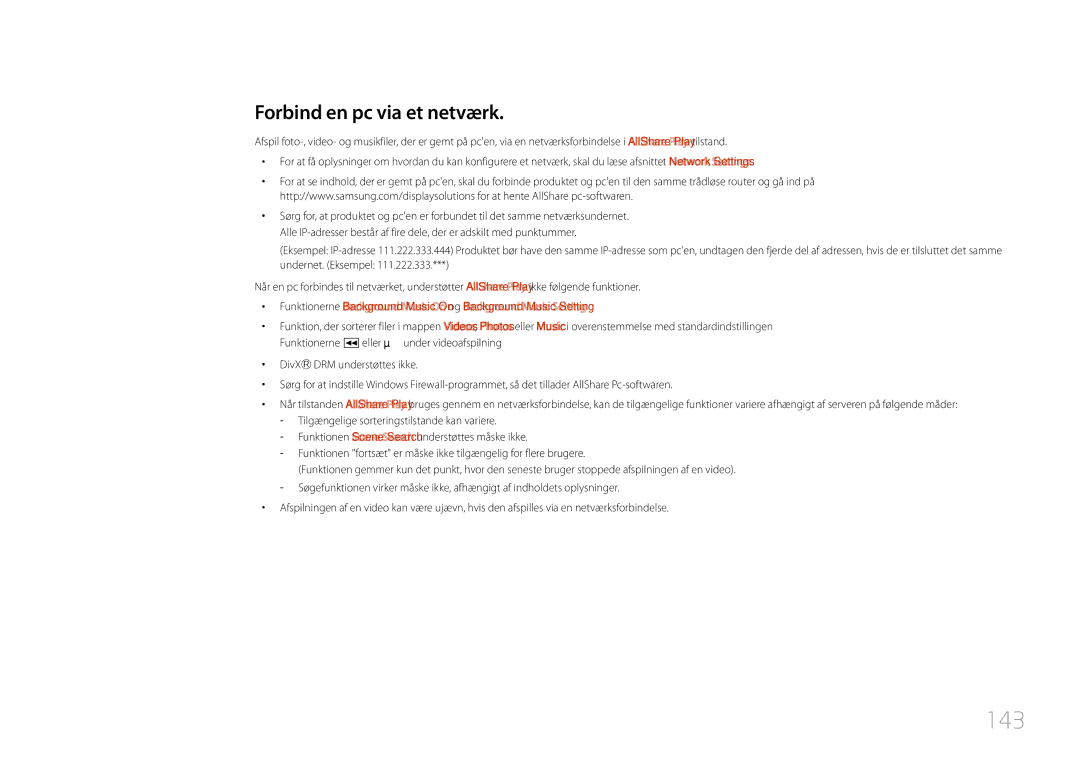 Samsung LH55UDDPLBB/EN manual 143, Forbind en pc via et netværk 