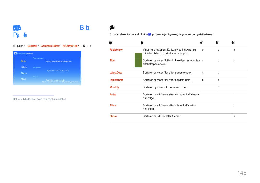 Samsung LH55UDDPLBB/EN manual Brug af Grundlæggende AllShare Play-funktioner, 145, Sortering af fillisterne 
