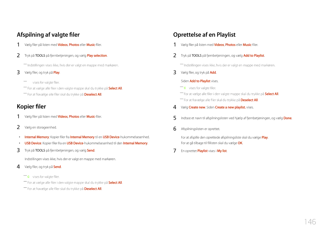 Samsung LH55UDDPLBB/EN manual 146, Afspilning af valgte filer, Kopier filer, Oprettelse af en Playlist 
