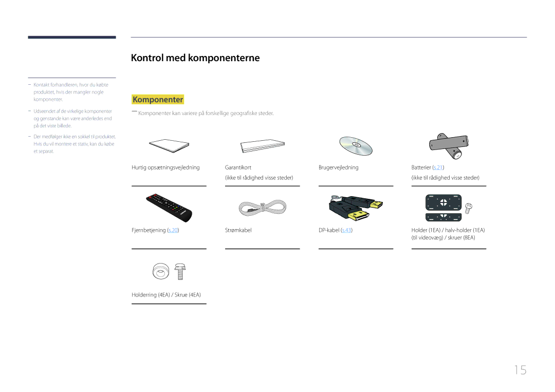 Samsung LH55UDDPLBB/EN manual Kontrol med komponenterne, Komponenter, Fjernbetjening s.20 Strømkabel DP-kabel s.43 