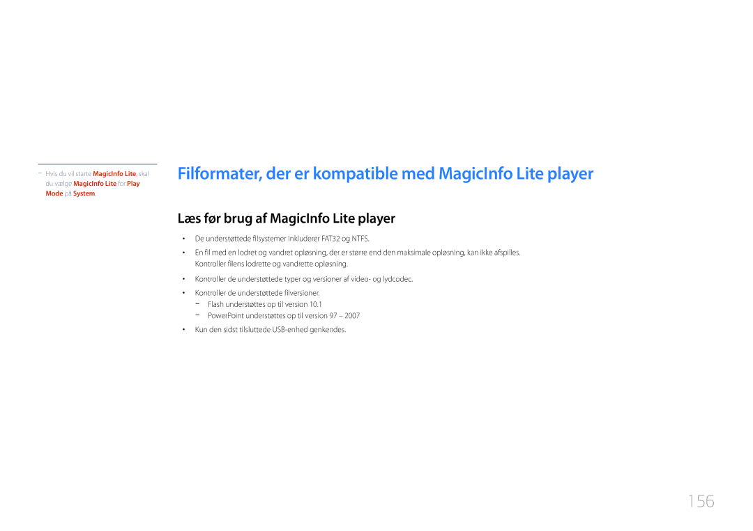 Samsung LH55UDDPLBB/EN manual 156, Læs før brug af MagicInfo Lite player 