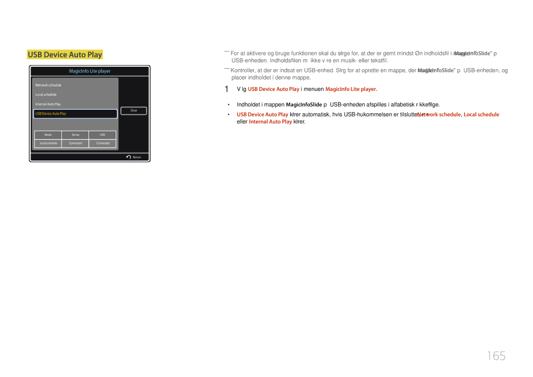 Samsung LH55UDDPLBB/EN manual 165, USB Device Auto Play 