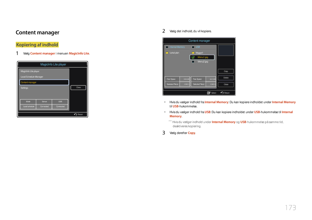 Samsung LH55UDDPLBB/EN manual 173, Content manager, Kopiering af indhold, Vælg derefter Copy 