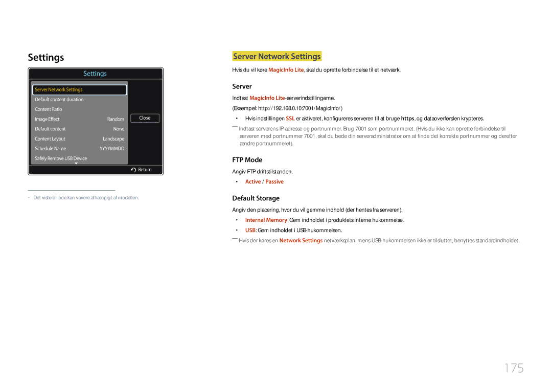 Samsung LH55UDDPLBB/EN manual 175, Server Network Settings, Angiv FTP-driftstilstanden 