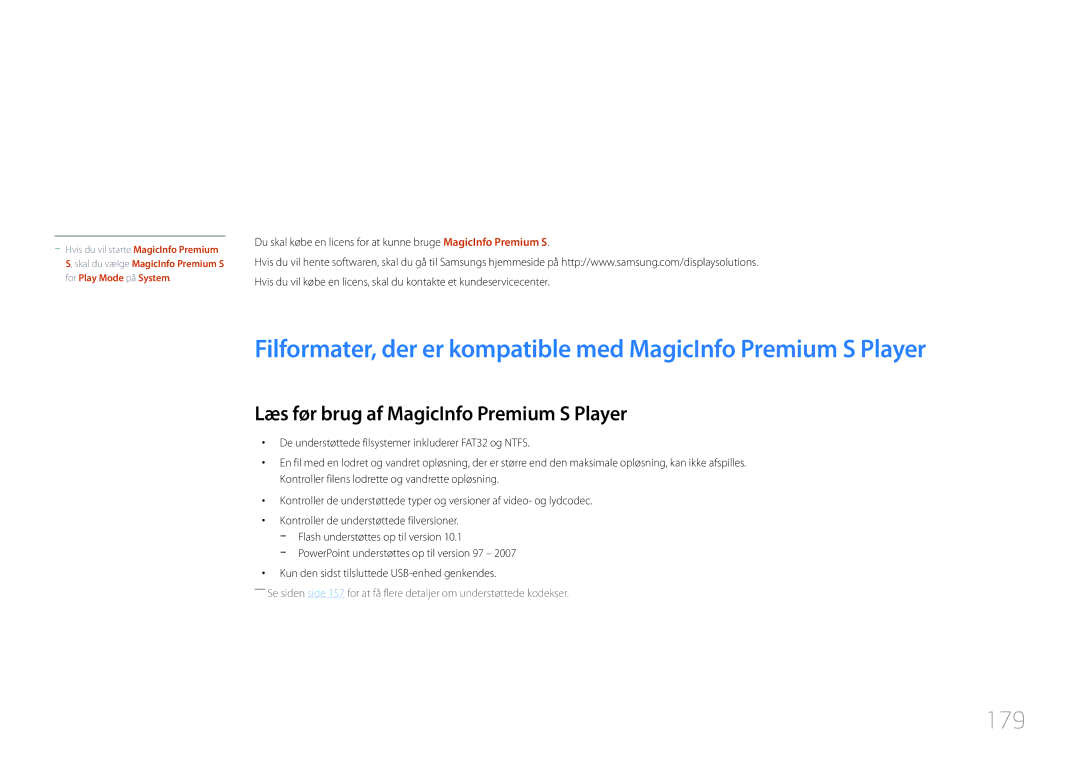 Samsung LH55UDDPLBB/EN manual 179, Læs før brug af MagicInfo Premium S Player 