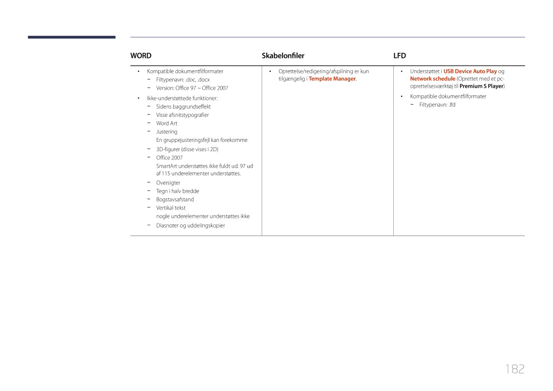 Samsung LH55UDDPLBB/EN manual 182, Skabelonfiler, Office, Oprettelse/redigering/afspilning er kun 