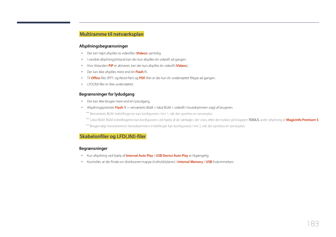 Samsung LH55UDDPLBB/EN manual 183, Multiramme til netværksplan, Skabelonfiler og LFD.Ifd-filer 