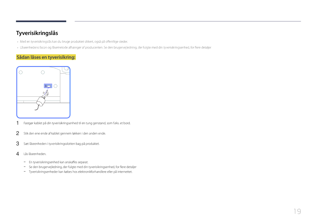 Samsung LH55UDDPLBB/EN manual Tyverisikringslås, Sådan låses en tyverisikring 