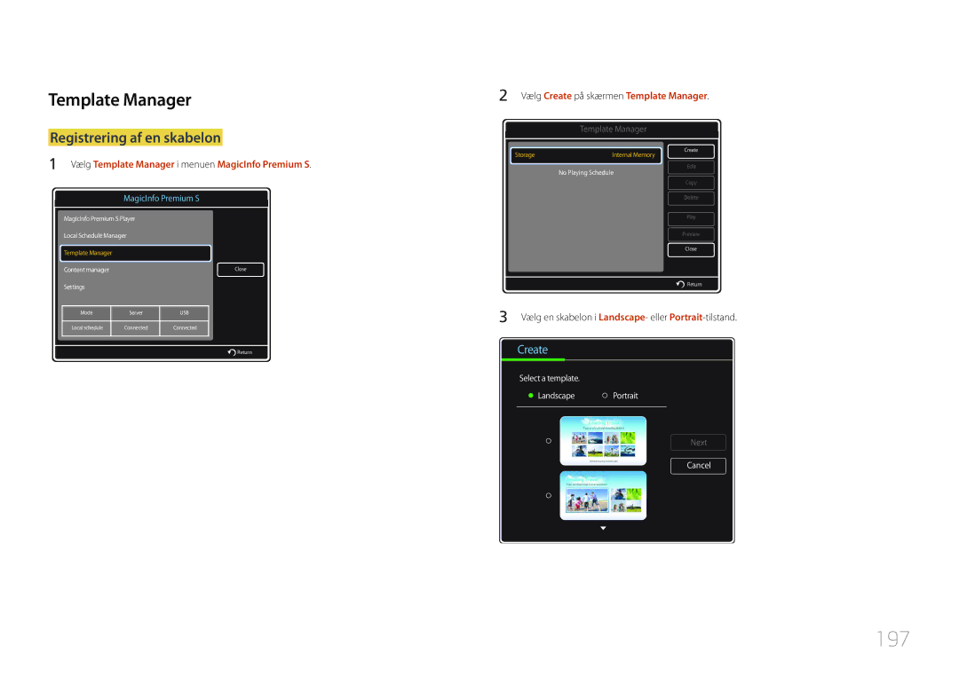 Samsung LH55UDDPLBB/EN manual 197, Template Manager, Registrering af en skabelon 