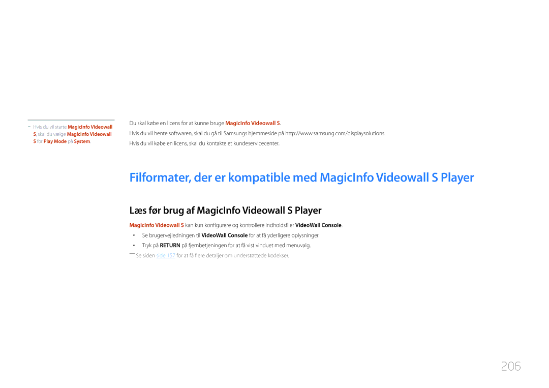 Samsung LH55UDDPLBB/EN manual 206, Læs før brug af MagicInfo Videowall S Player 