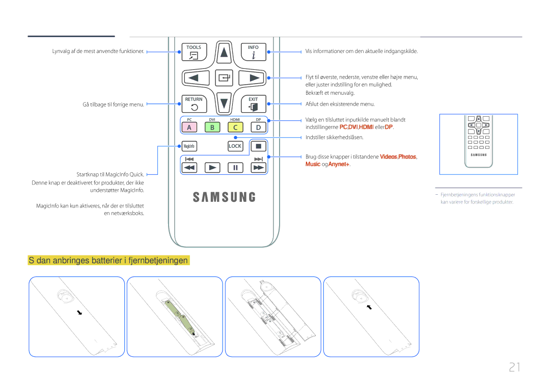 Samsung LH55UDDPLBB/EN manual Sådan anbringes batterier i fjernbetjeningen, Lynvalg af de mest anvendte funktioner 