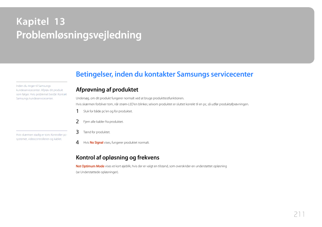 Samsung LH55UDDPLBB/EN manual Problemløsningsvejledning, Betingelser, inden du kontakter Samsungs servicecenter, 211 