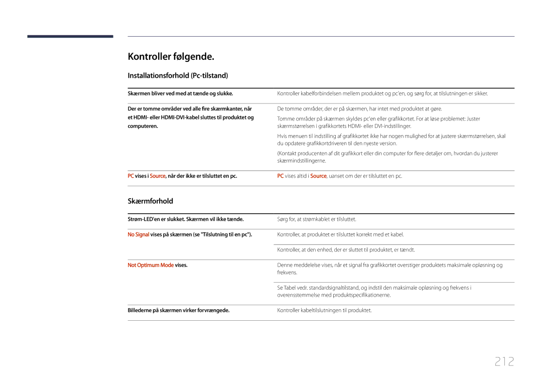 Samsung LH55UDDPLBB/EN manual 212, Kontroller følgende, Installationsforhold Pc-tilstand, Skærmforhold 