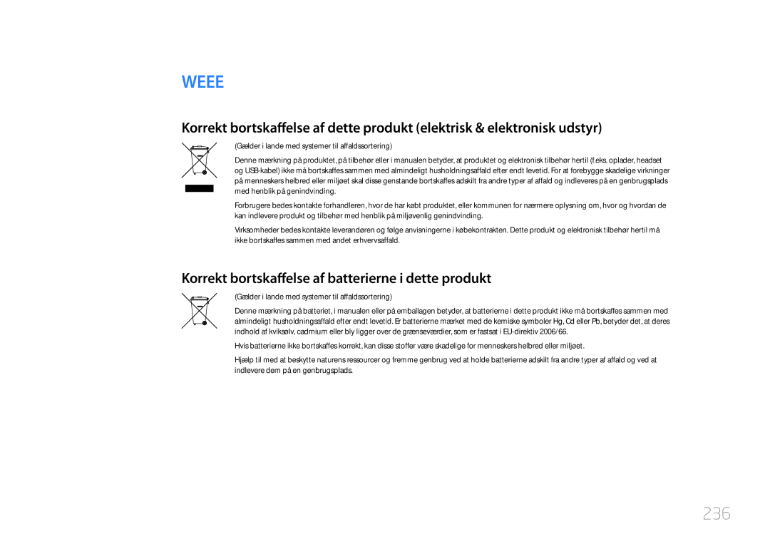 Samsung LH55UDDPLBB/EN manual 236, Korrekt bortskaffelse af batterierne i dette produkt 