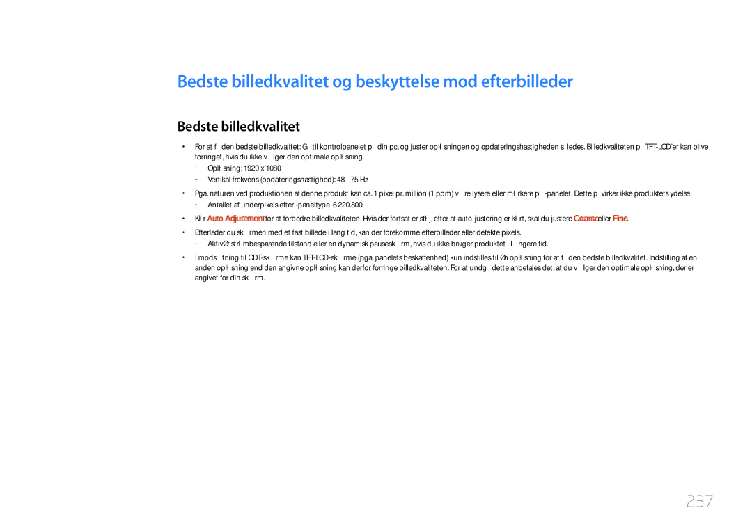 Samsung LH55UDDPLBB/EN manual Bedste billedkvalitet og beskyttelse mod efterbilleder, 237 