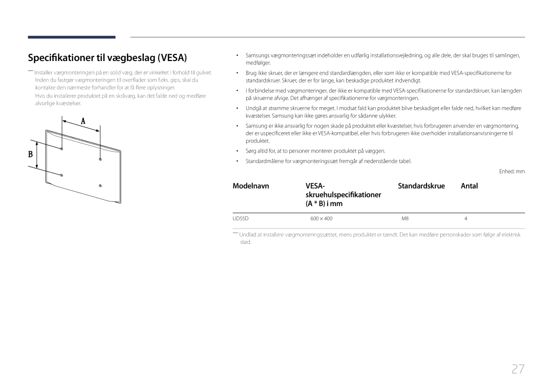 Samsung LH55UDDPLBB/EN manual Specifikationer til vægbeslag Vesa, Standardskrue Antal Skruehulspecifikationer I mm 