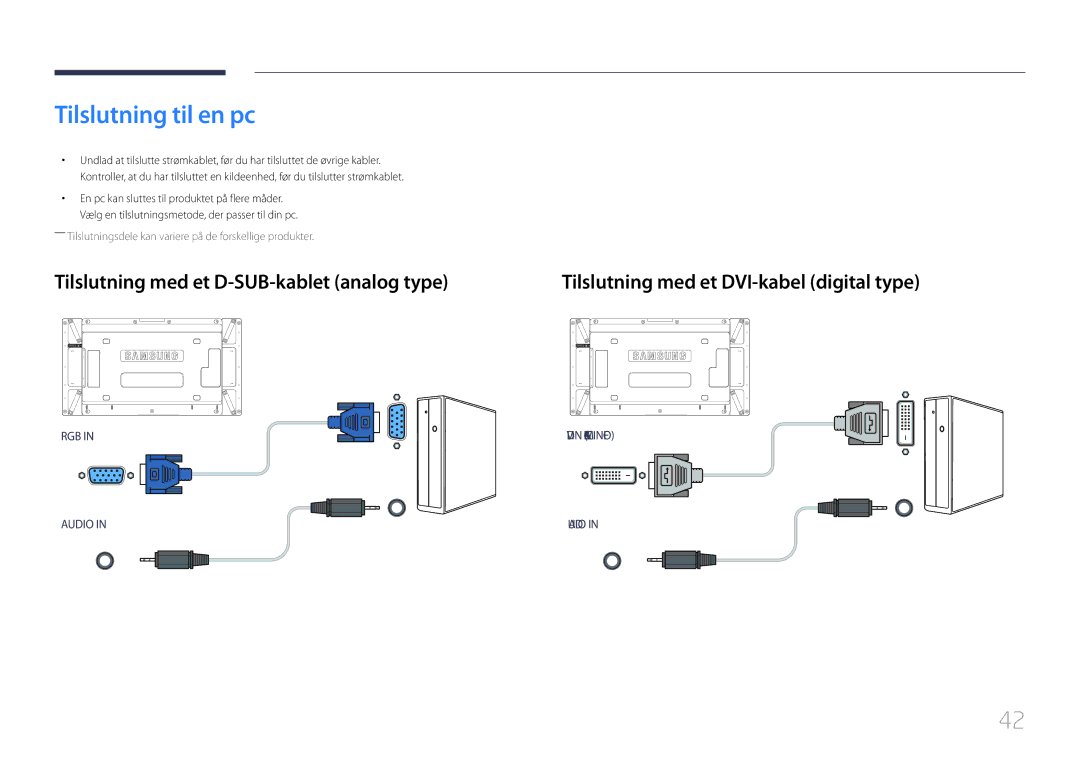 Samsung LH55UDDPLBB/EN manual Tilslutning til en pc, Tilslutning med et D-SUB-kablet analog type 