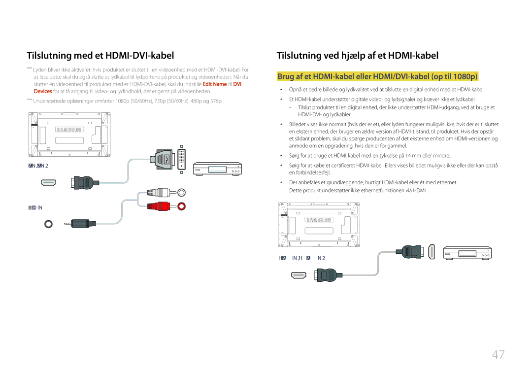 Samsung LH55UDDPLBB/EN Tilslutning ved hjælp af et HDMI-kabel, Brug af et HDMI-kabel eller HDMI/DVI-kabel op til 1080p 