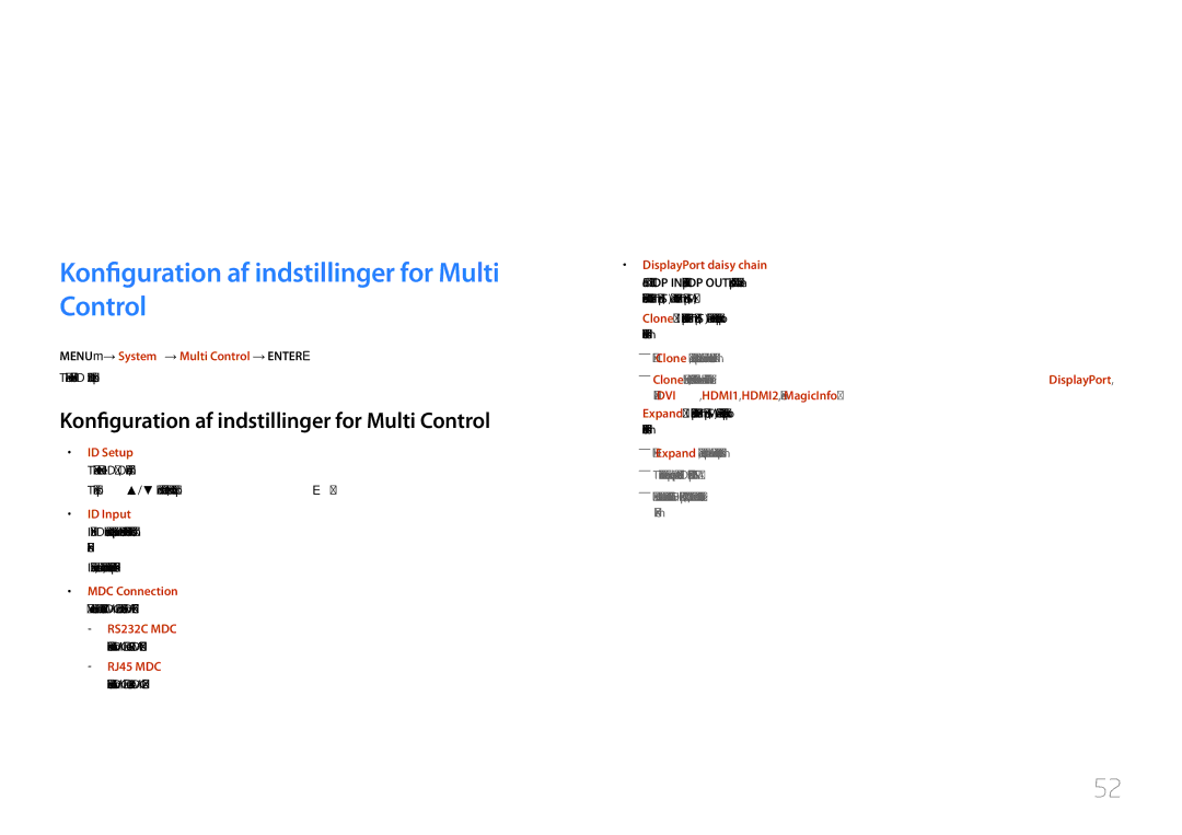 Samsung LH55UDDPLBB/EN manual Brug af MDC, Konfiguration af indstillinger for Multi Control 