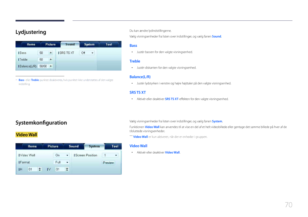 Samsung LH55UDDPLBB/EN manual Lydjustering, Systemkonfiguration, Justér bassen for den valgte visningsenhed 