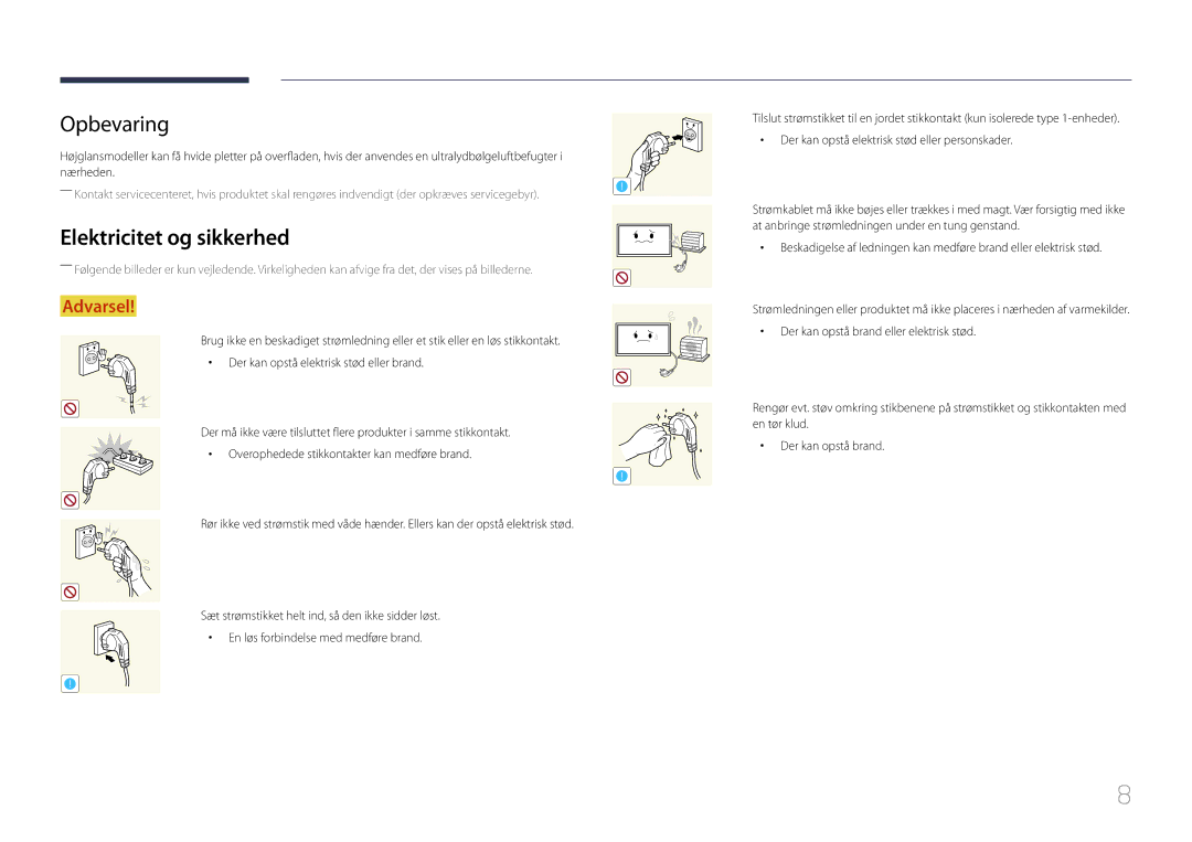 Samsung LH55UDDPLBB/EN manual Opbevaring, Elektricitet og sikkerhed 