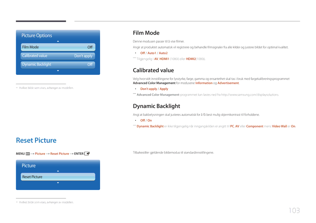 Samsung LH55UDDPLBB/EN manual Reset Picture, 103, Film Mode, Calibrated value, Dynamic Backlight 