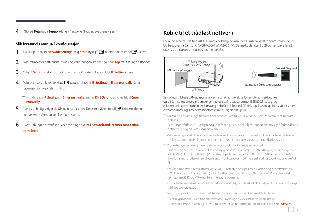 Samsung LH55UDDPLBB/EN manual 106, Koble til et trådløst nettverk, Manually, Completed 