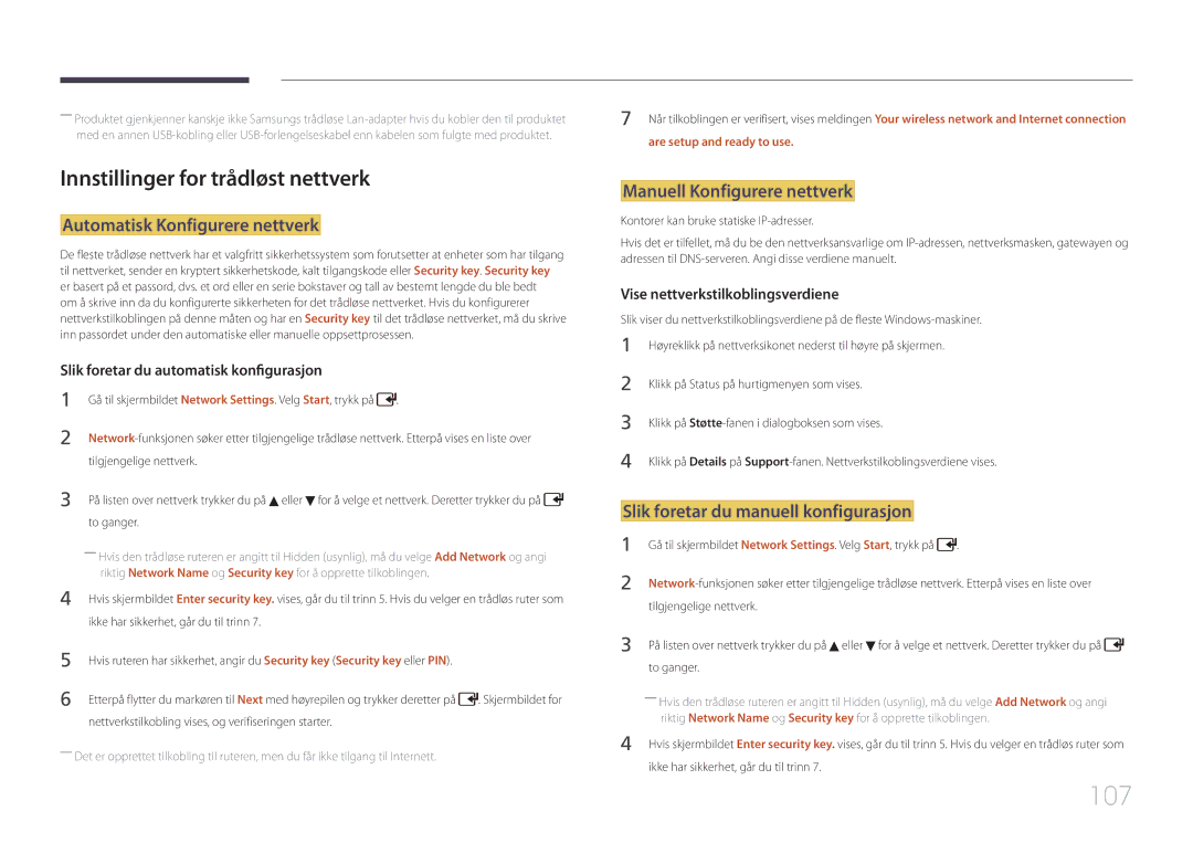 Samsung LH55UDDPLBB/EN manual 107, Innstillinger for trådløst nettverk, Automatisk Konfigurere nettverk 