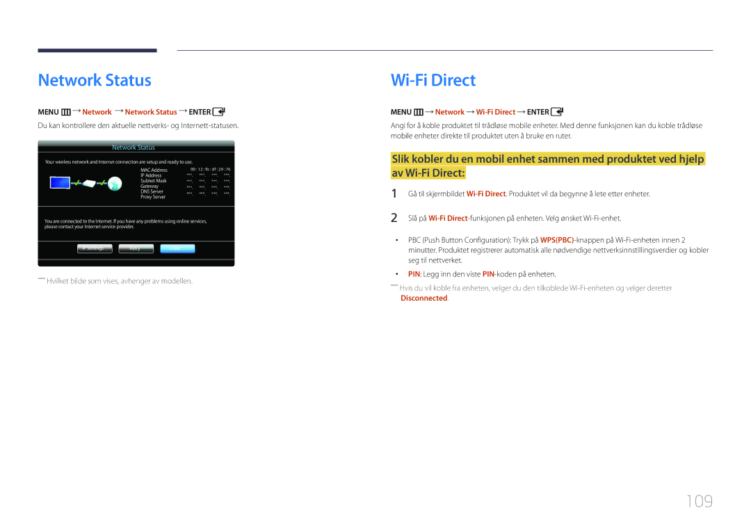 Samsung LH55UDDPLBB/EN manual 109, Menu m Network Network Status Enter, Menu m Network Wi-Fi Direct Enter 