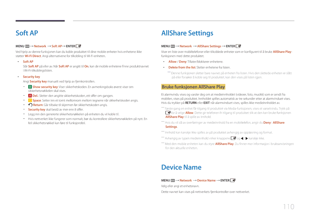 Samsung LH55UDDPLBB/EN manual Soft AP, AllShare Settings, Device Name, 110, Bruke funksjonen AllShare Play 