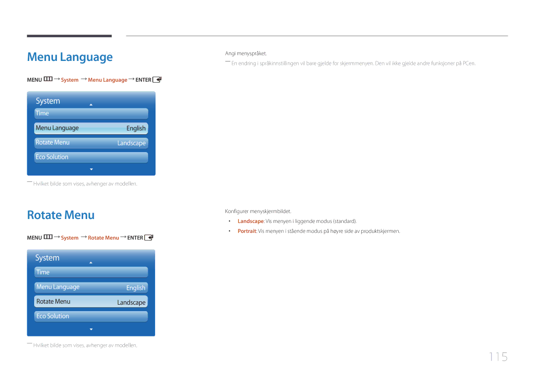 Samsung LH55UDDPLBB/EN manual 115, Menu m System Menu Language Enter, Menu m System Rotate Menu Enter 