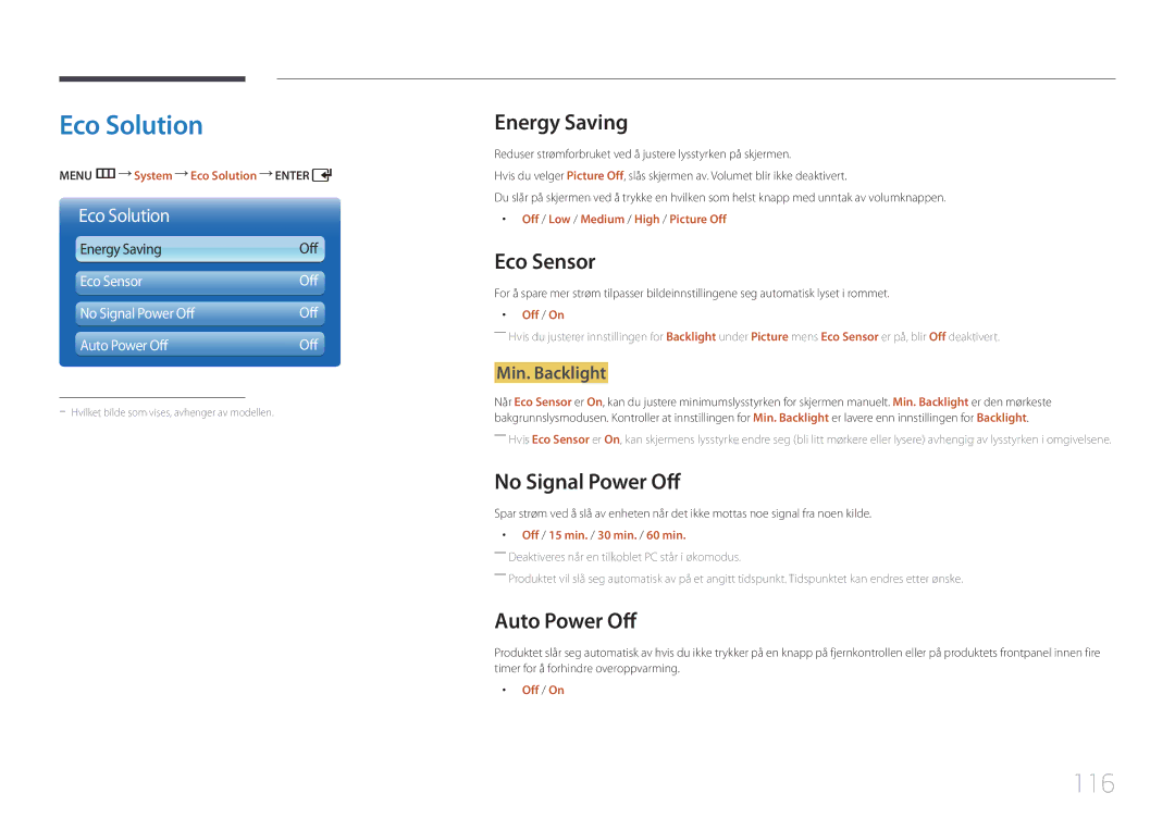 Samsung LH55UDDPLBB/EN manual Eco Solution, 116 