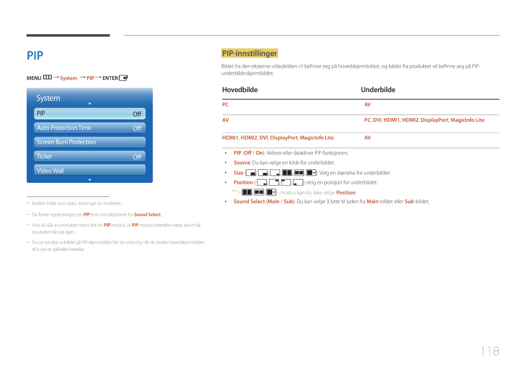 Samsung LH55UDDPLBB/EN manual 118, PIP-innstillinger, Hovedbilde Underbilde 