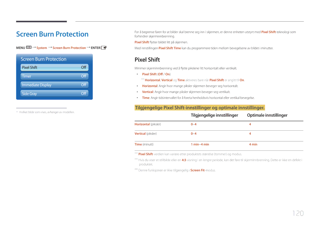 Samsung LH55UDDPLBB/EN manual Screen Burn Protection, 120, Pixel Shift, Optimale innstillinger 