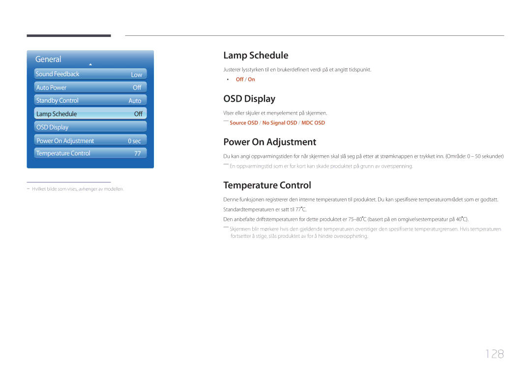 Samsung LH55UDDPLBB/EN manual 128, Lamp Schedule, OSD Display, Power On Adjustment, Temperature Control 