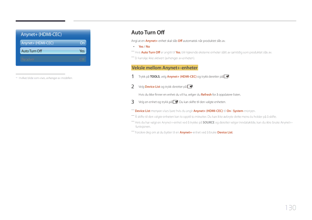 Samsung LH55UDDPLBB/EN manual 130, Auto Turn Off, Veksle mellom Anynet+-enheter, Yes / No 